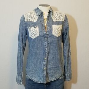 Allen B. Acid-Wash and Lace Denim Button Down Shirt - Small
